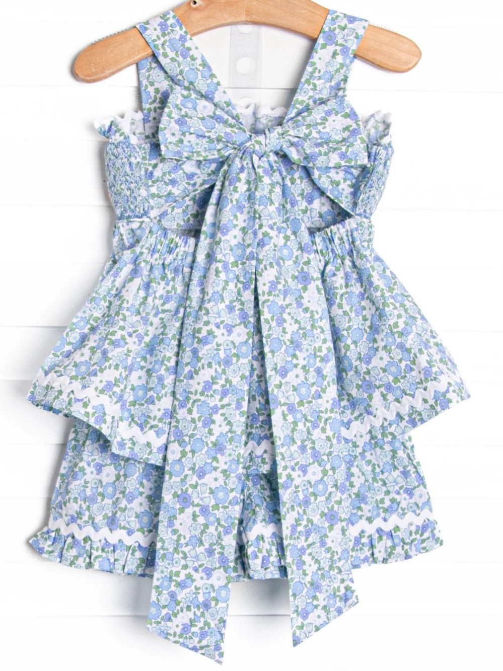 Smocked Floral Ruffle Tank Romper - Blue & Green Daisy Print - Picture 2 of 3